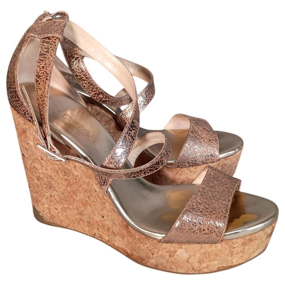 Jimmy Choo Sandals 40/US 10 Cork Wedge Beige Leather Strappy